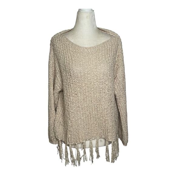Altar’d State Cream Beige Knit Fringe Tassel Hem Long Sleeve Sweater Size Small - Picture 2 of 6